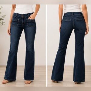 Y2K Contrast Bootcut Flare Jeans 11 Dark Wash Low Rise Stretch Patch Pockets